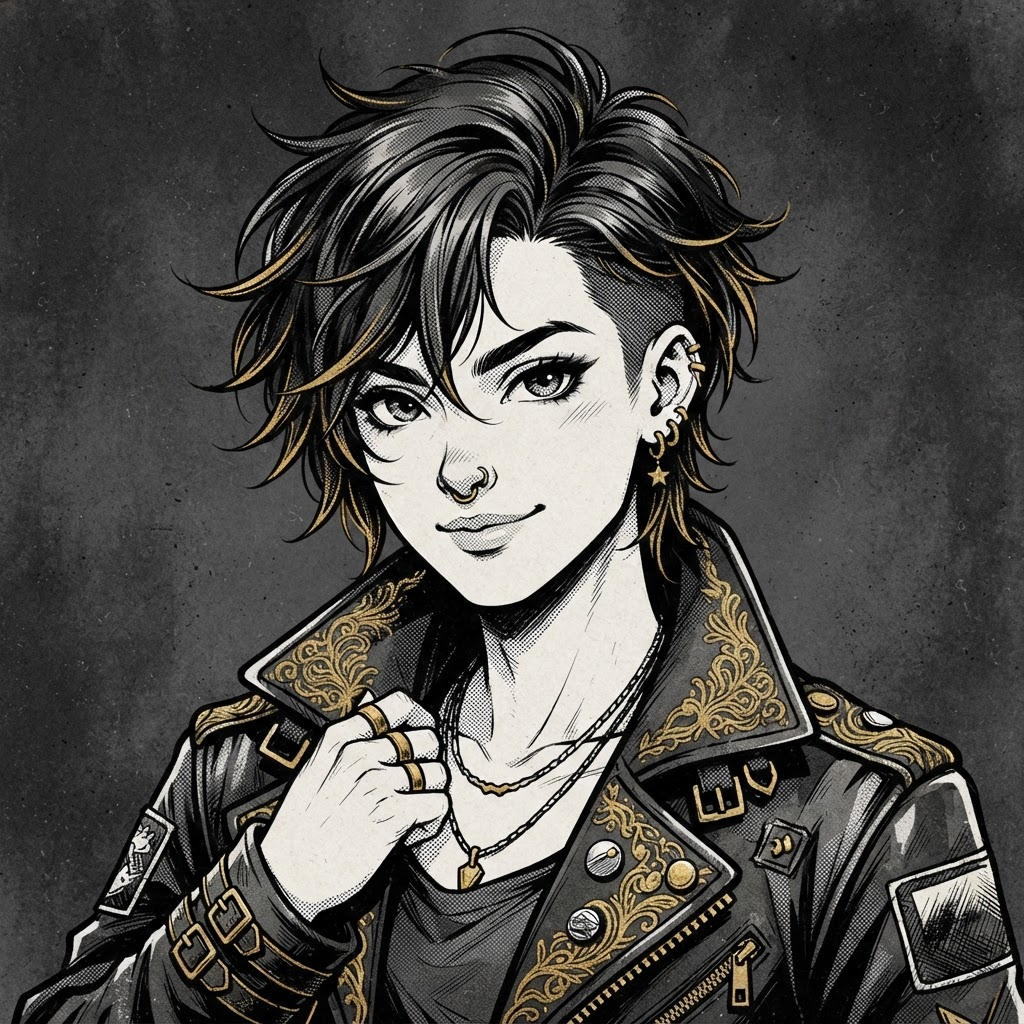 Portrait manga encré avec accents dorés