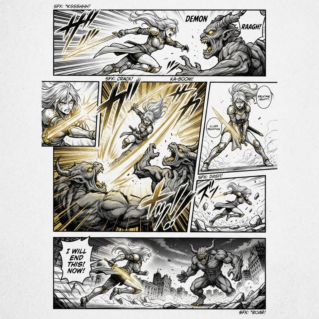 Planche manga dynamique en noir et blanc