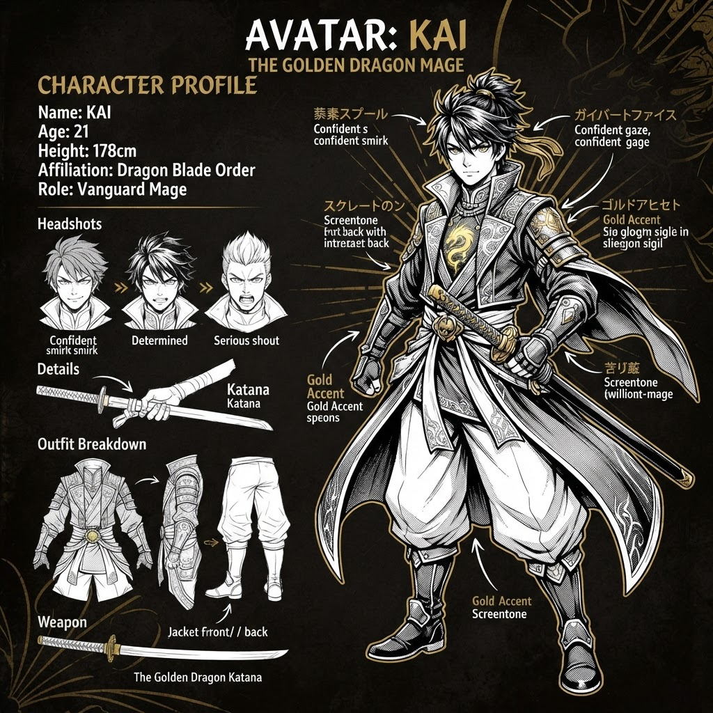 Feuille de character design d'avatar manga