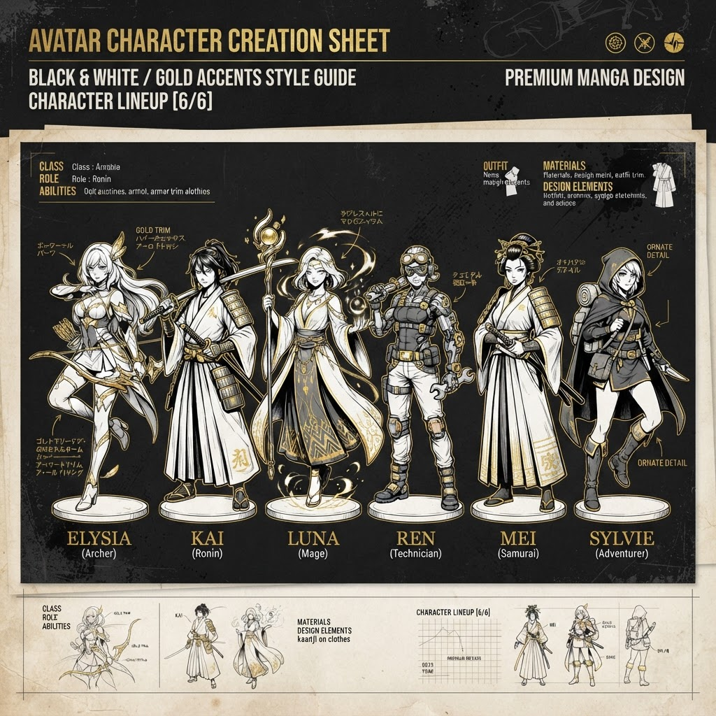 Lineup de personnages manga stylisés